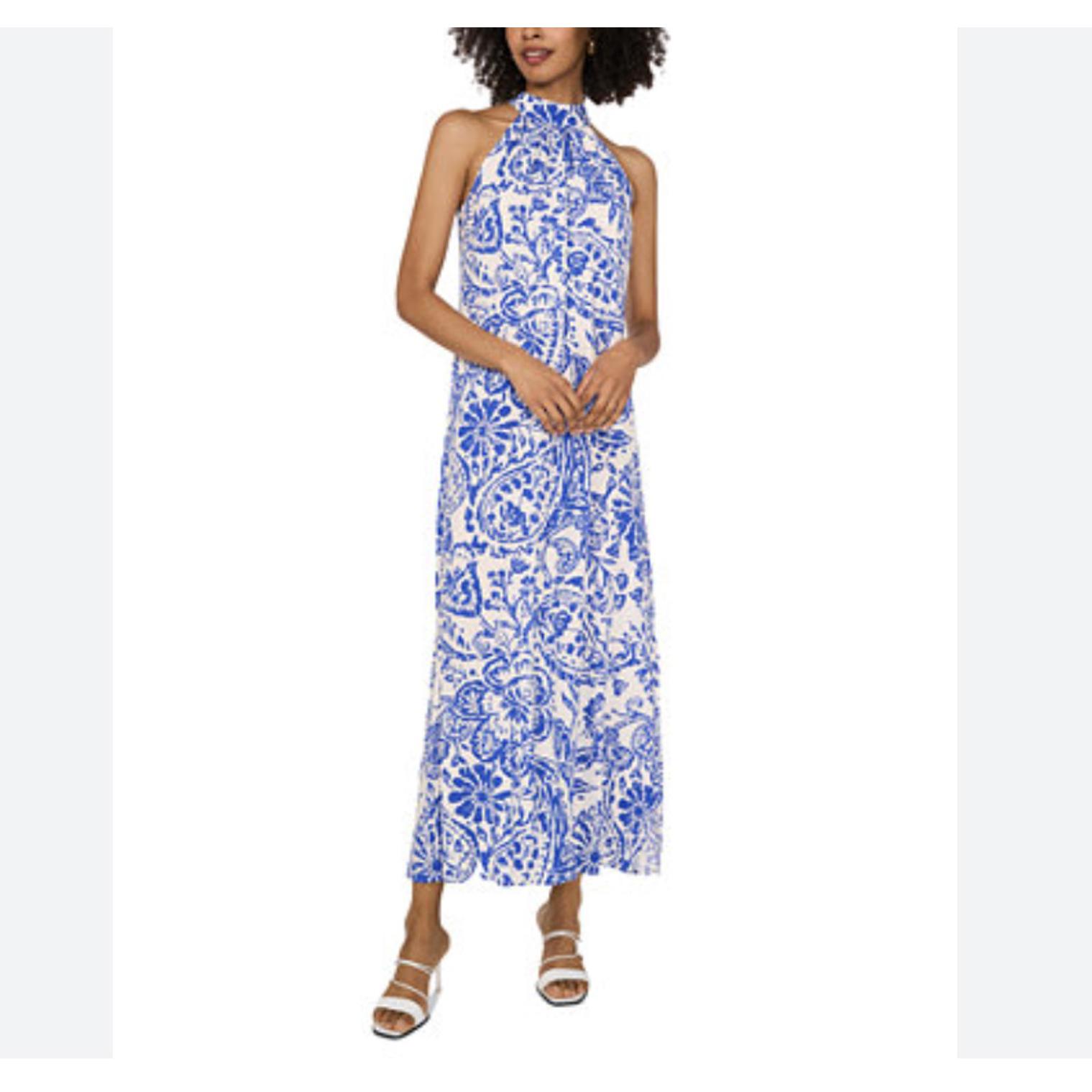 Alice & Trixie 100% Silk Halter Maxi Dress Blue White Paisley Xxs Made In Usa